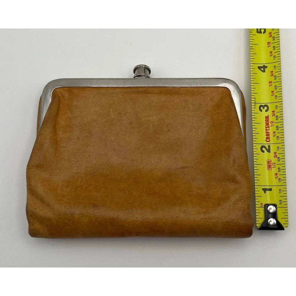Hobo International Tan Leather Lauren Bifold Kiss Lock Wallet Floral Lining 4x5